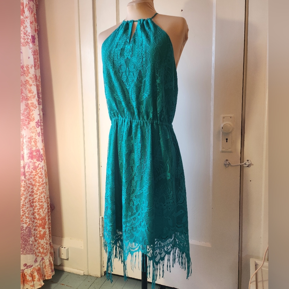 Gianni Bini Teal Lace Halter Midi Dress with Fringe Hem M Medium